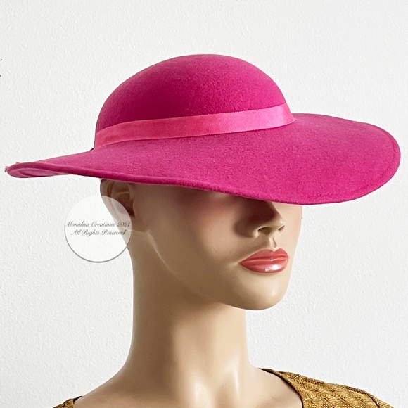 Ladies pink felt hat - Gem Bollman Wide Brim Hat Cartwheel Hat Doeskin Felt Wool Pink Fuchsia Vintage